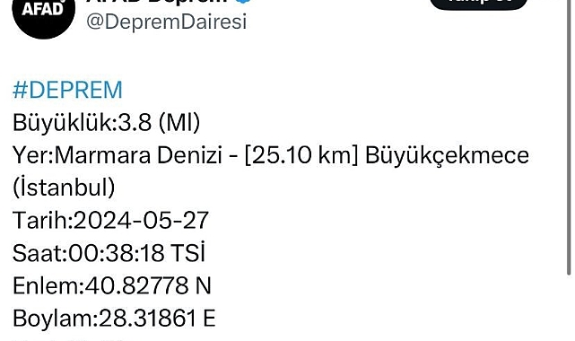 Marmara'da 3,8 büyüklüğünde deprem oldu