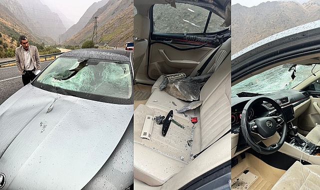 Otomobilin üzerine kaya parçası düştü, sürücü olaydan yara almadan kurtuldu