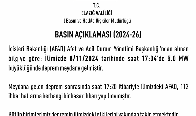 "Deprem sonrası herhangi bir hasar ihbarı yapılmamıştır"