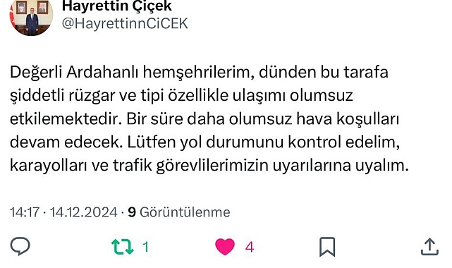 Ardahan'da Kar Yağışı ve Tipi Uyarısı: Vali Çiçek'ten Vatandaşlara Çağrı