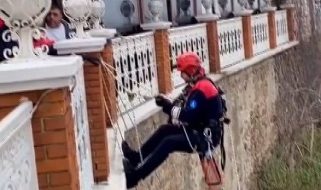 Güvenlik tellerinde mahsur kalan kedi İzmir İtfaiyesi ekipleri tarafından kurtarıldı