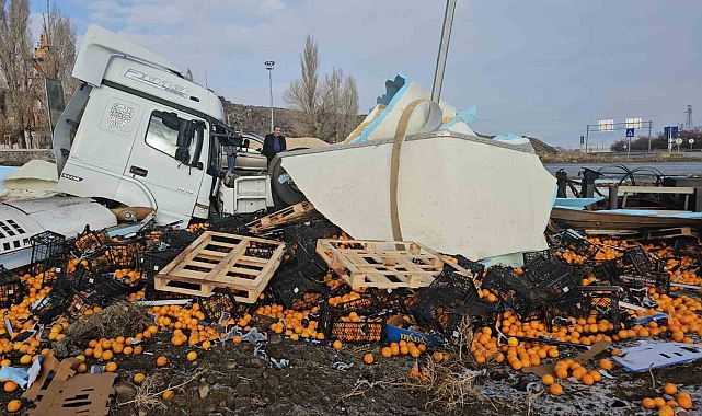 Portakal yüklü tır devrildi