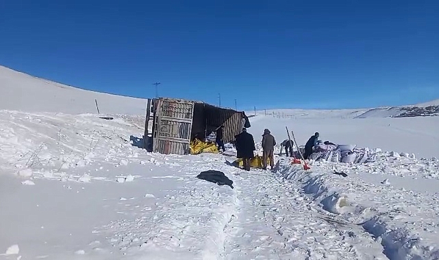 Erzurum'da Karlı Yolda Yem Yüklü Kamyon Devrildi, Sürücü Mucize Eseri Kurtuldu