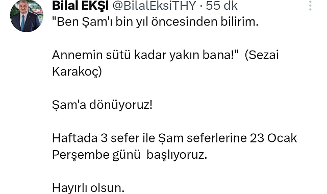 THY Şam seferleri başlıyor