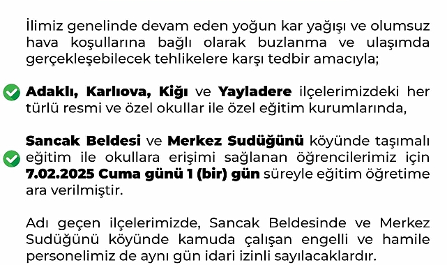 Bingöl'de Kar Yağışı Nedeniyle Eğitime 1 Gün Ara Verildi
