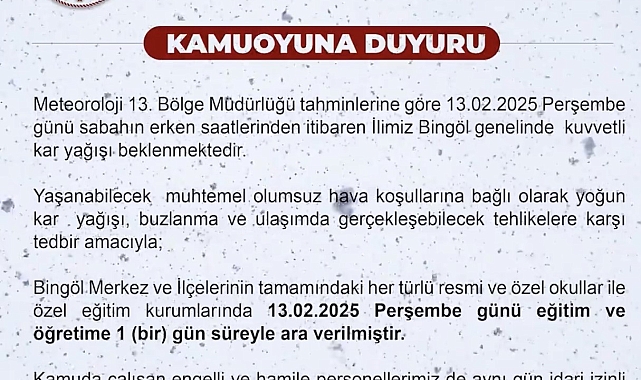 Bingöl'de Kar Yağışı Nedeniyle Eğitime 1 Gün Ara Verildi