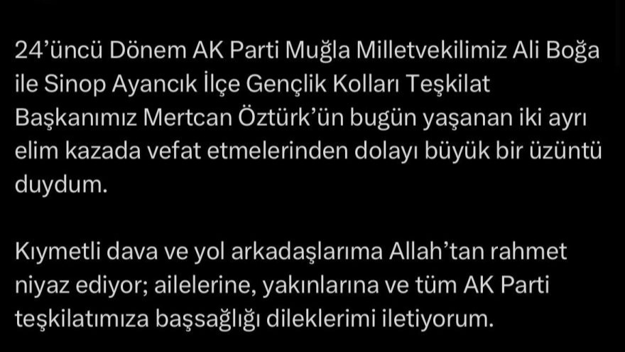 Recep Tayyip Erdoğan'dan Vefat Eden AK Partililer İçin Taziye Mesajı