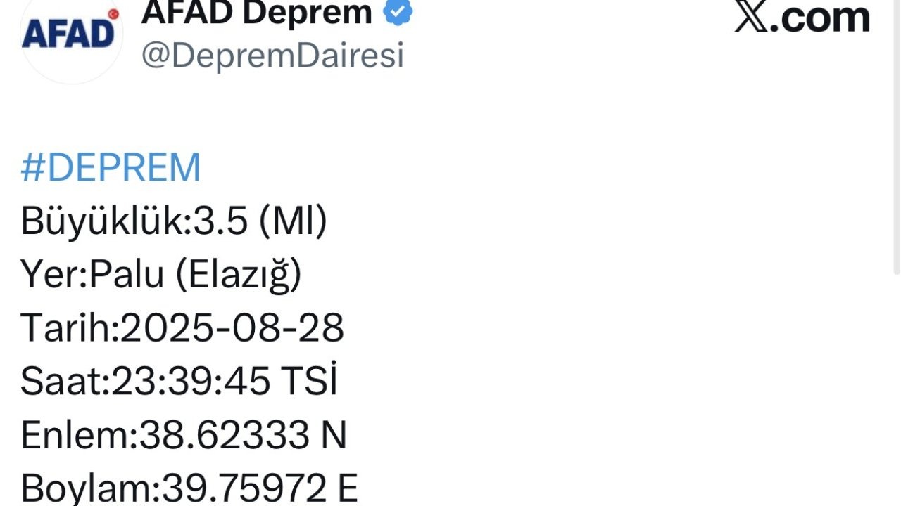 Elazığ Palu'da 3.5 Büyüklüğünde Deprem